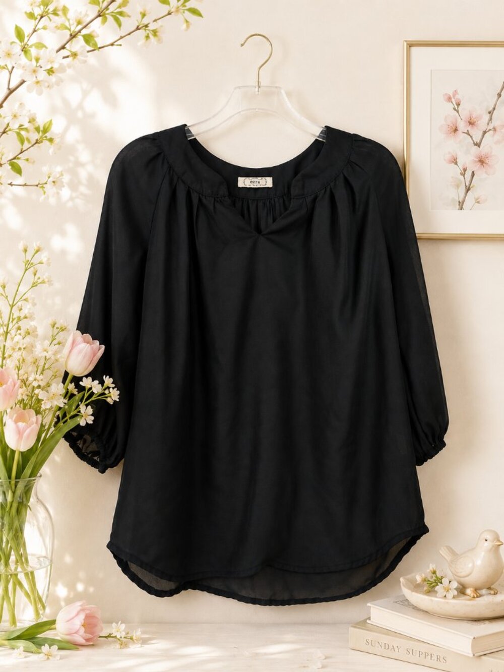 Ladies Ezra Black almost Sheer Elegant Blouse Sz Small